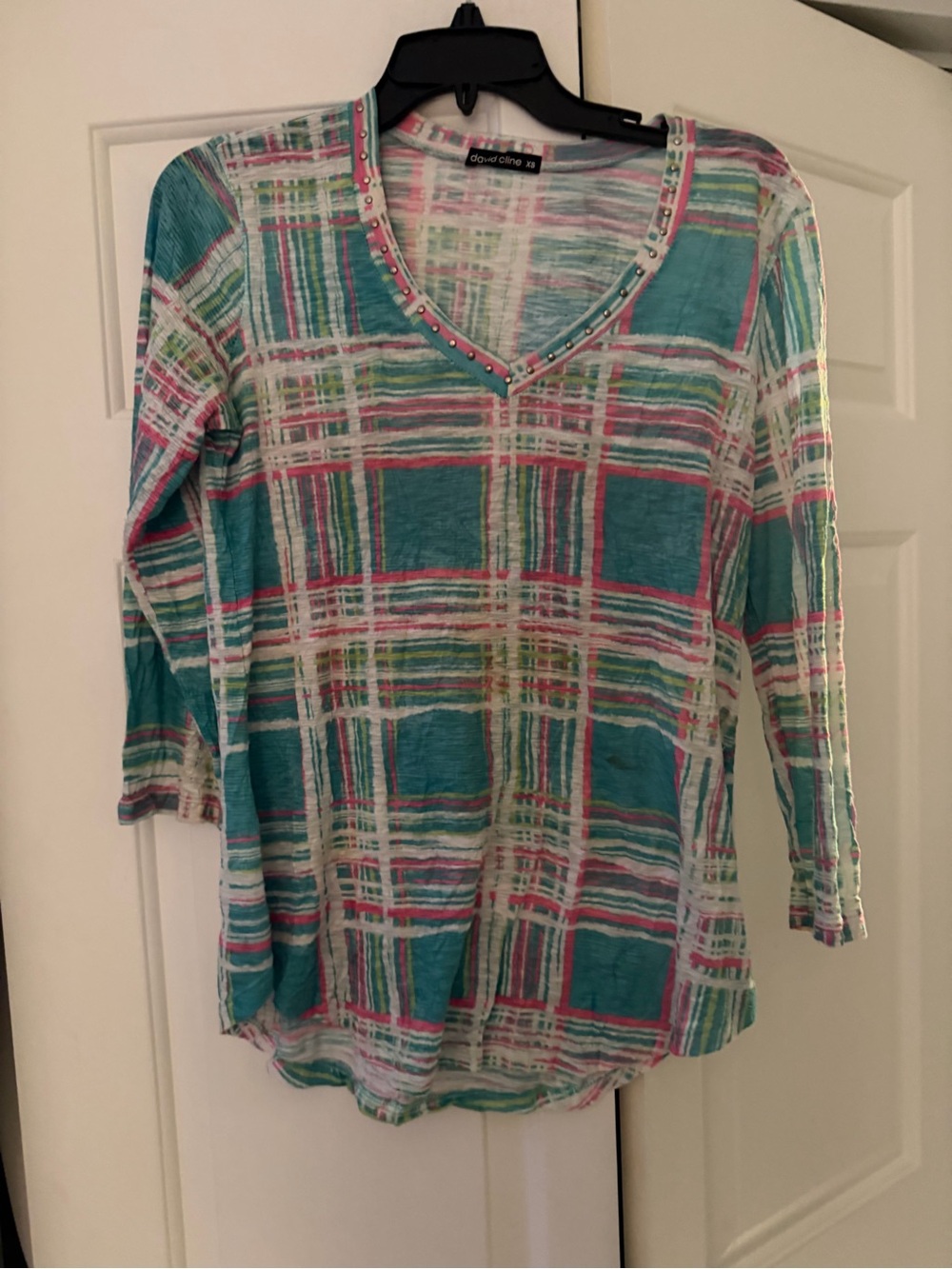 David cline Teal Plaid V-Neck 3/4 Sleeve Top xs